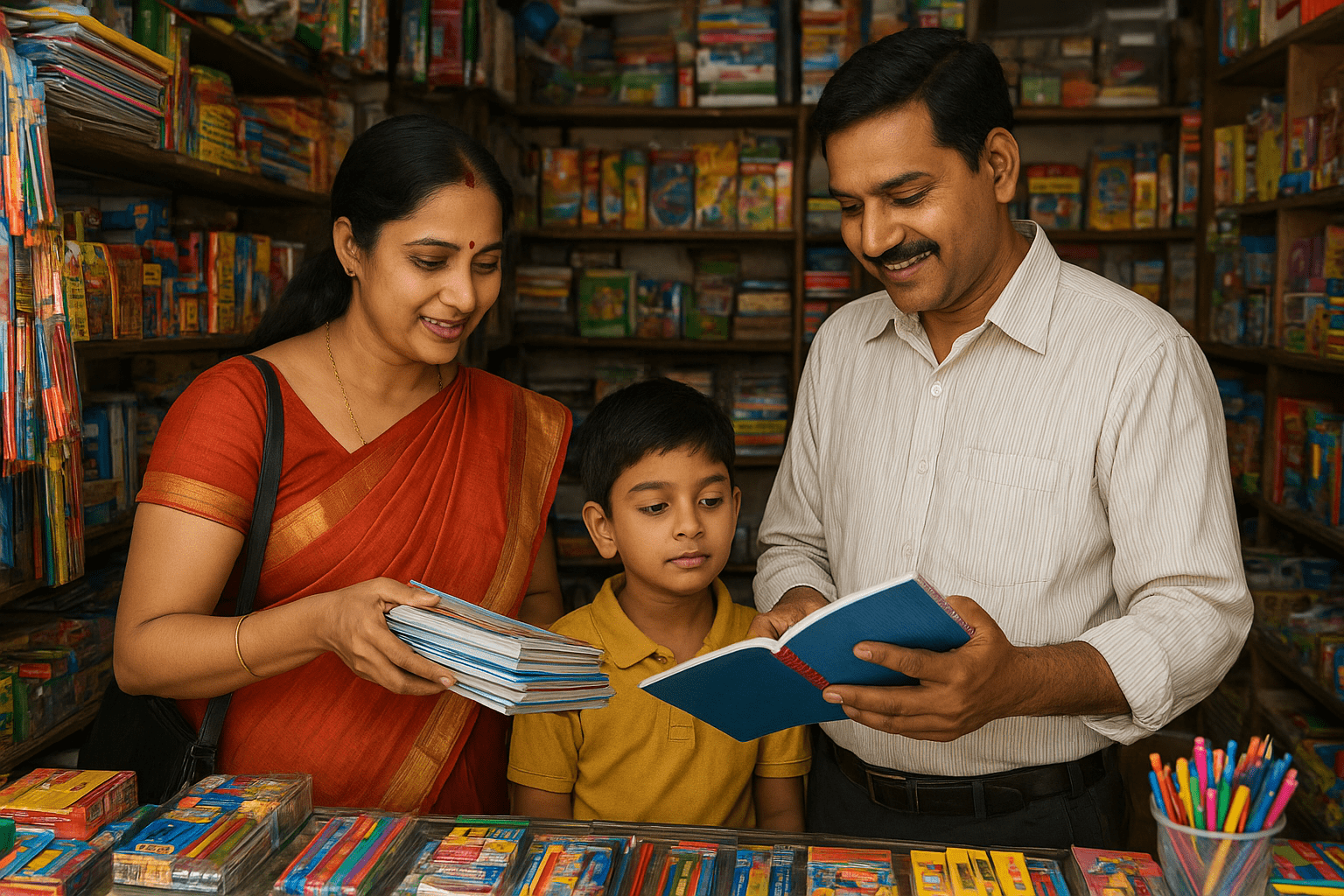 parents buying stationery with his child